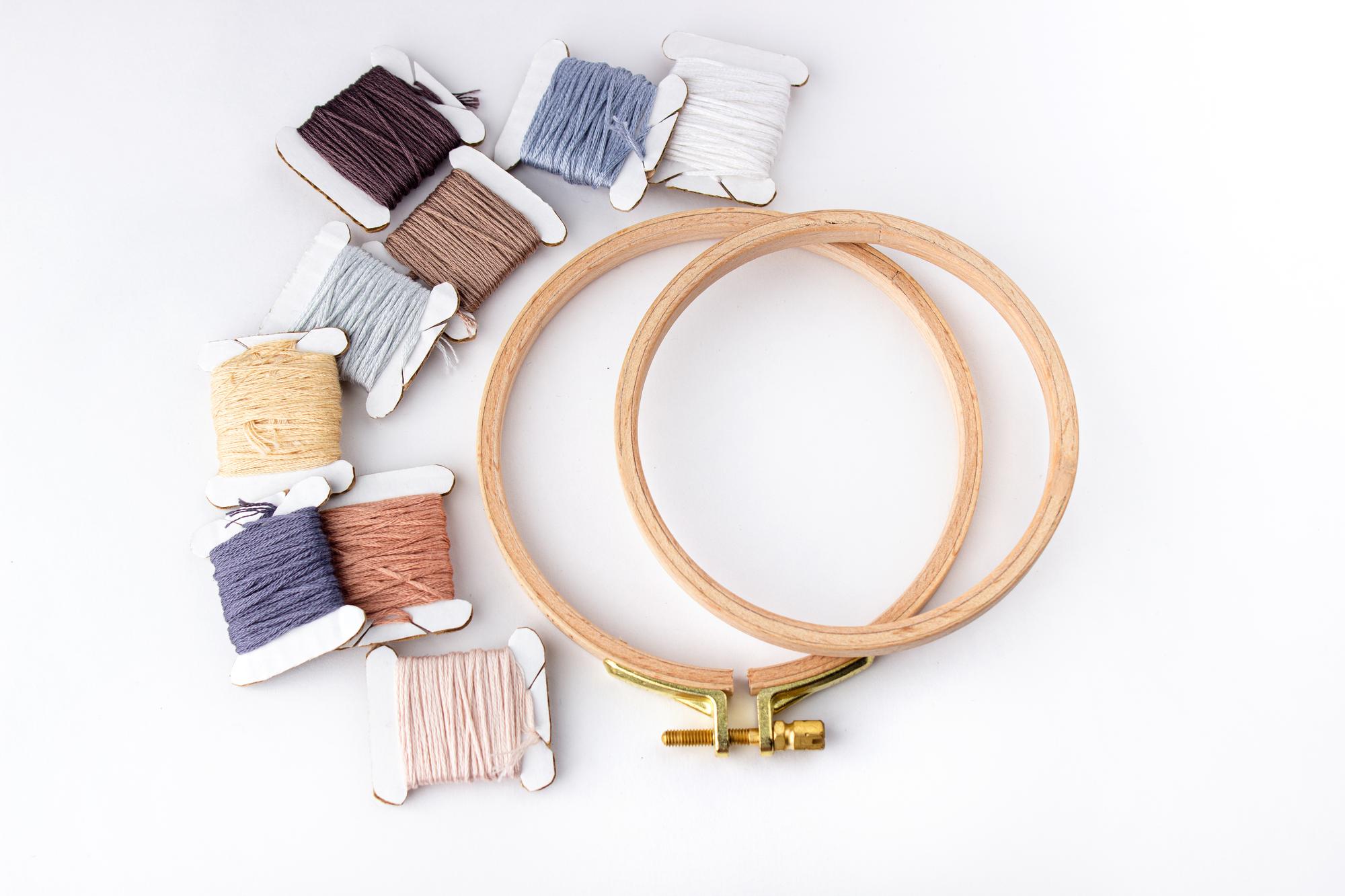 Studio workspace with embroidery hoop and threads